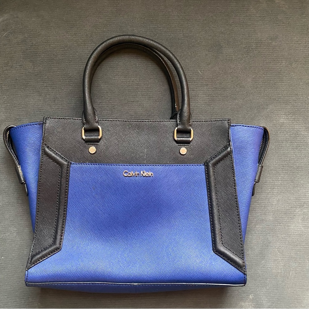 Calvin Klein Cobalt Blue/black Block Saffiano Leather Tote Handbag